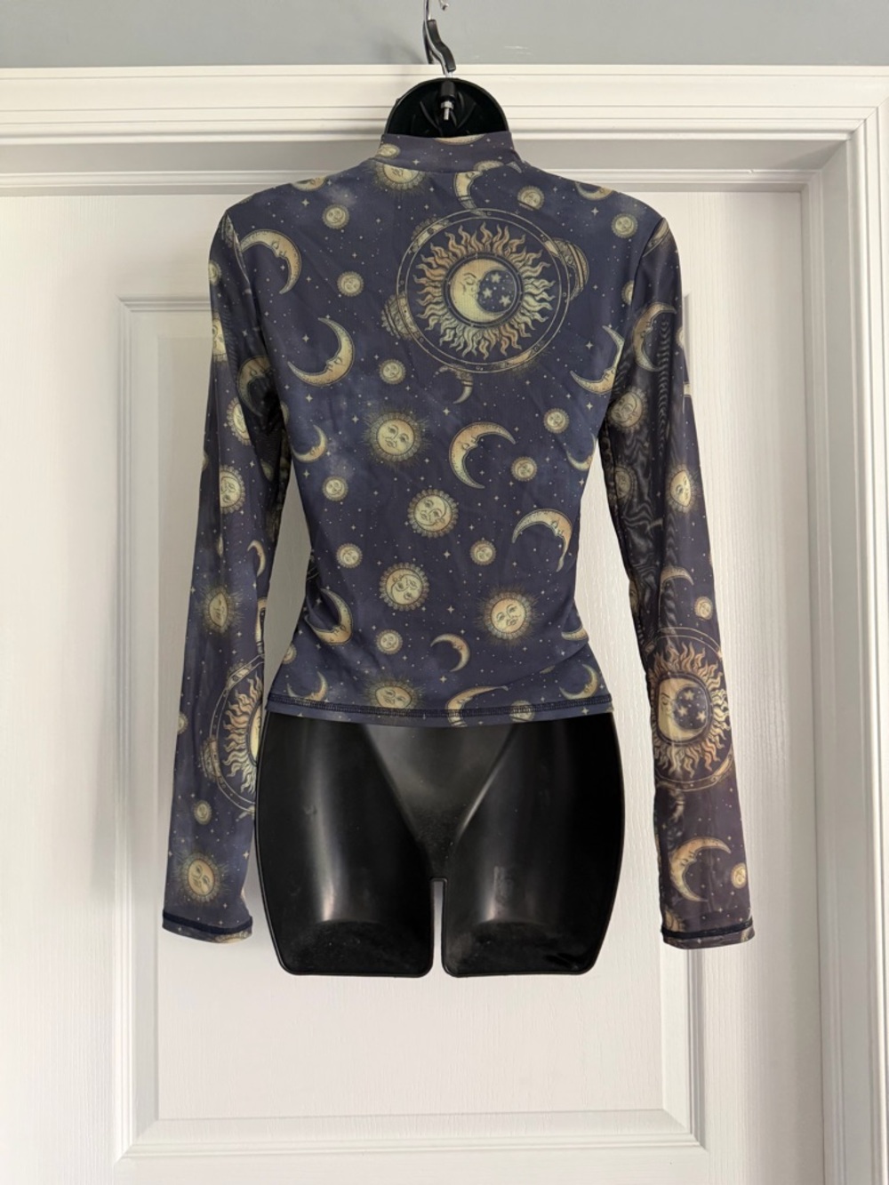 Forever 21 Navy Celestial Print High Neck Long Sleeve Mesh Top - Picture 6 of 7